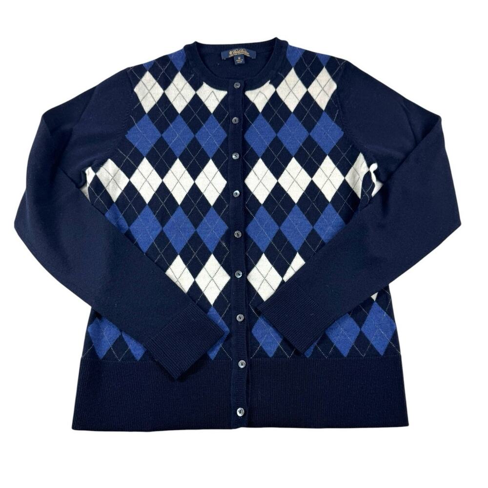 Brooks Brothers Navy Blue Argyle Cardigan Sweater M Blue Diamond Merino Wool